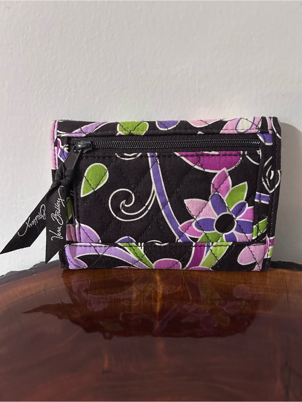 Vera Bradley Quilted Floral Trifold Wallet in Purple, Green and Black - Picture 2 of 11